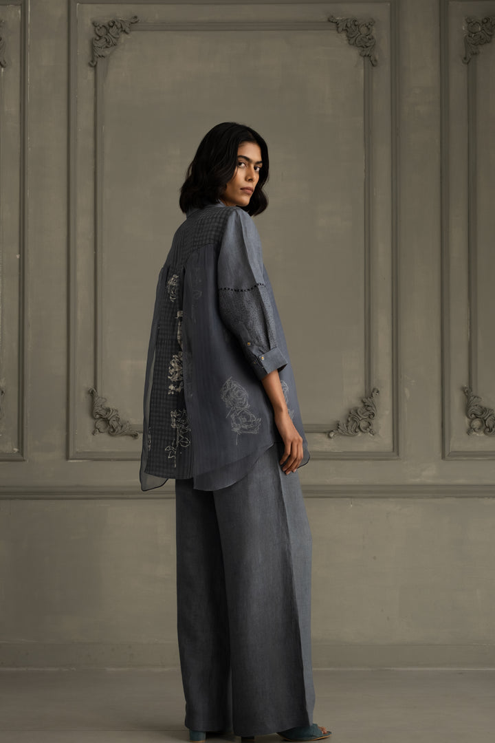 Stone Blue Linen Shirt With Embroidery and Flared Pants in Linen