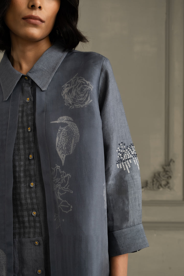 Stone Blue Linen Shirt With Embroidery and Flared Pants in Linen