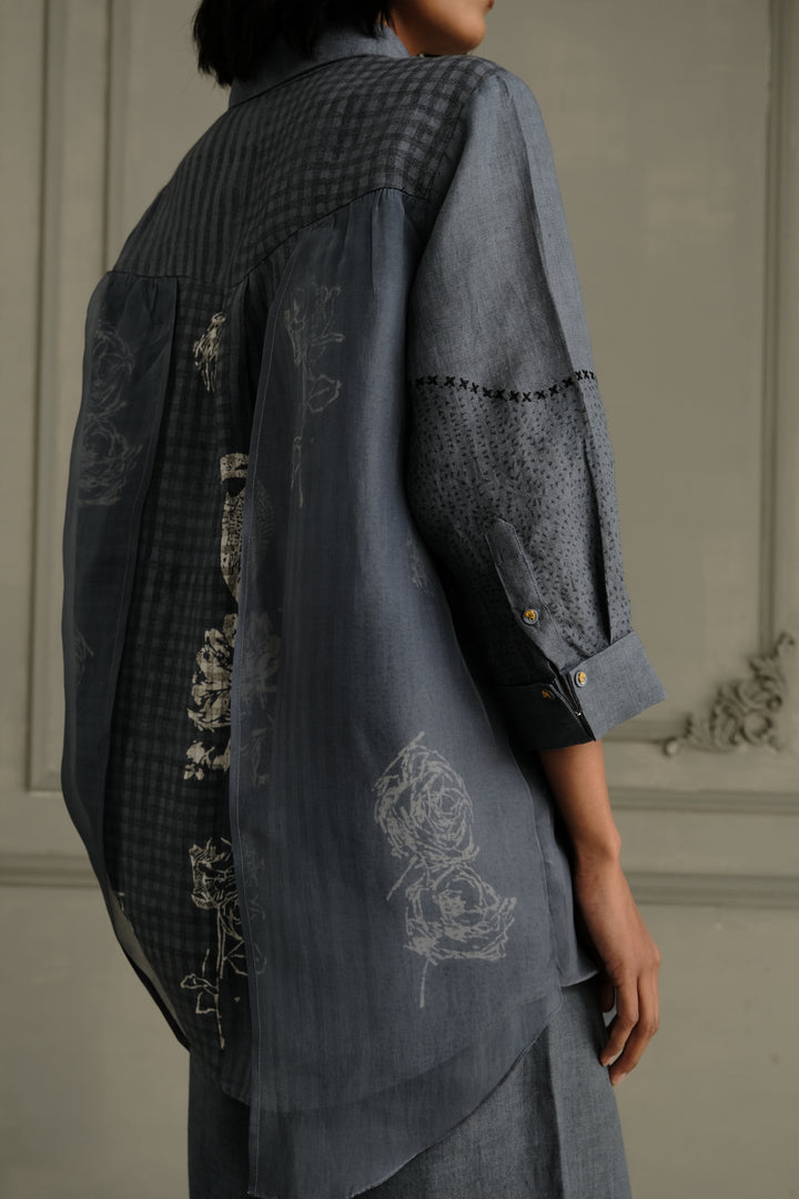 Stone Blue Linen Shirt With Embroidery and Flared Pants in Linen