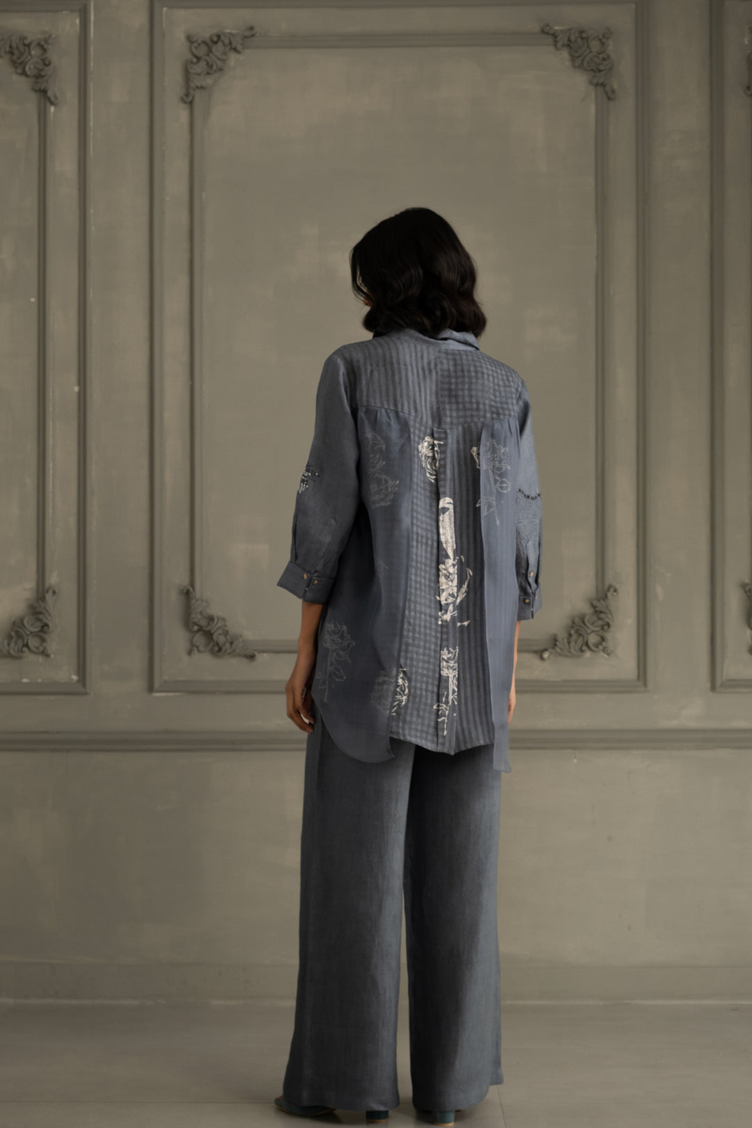 Stone Blue Linen Shirt With Embroidery and Flared Pants in Linen