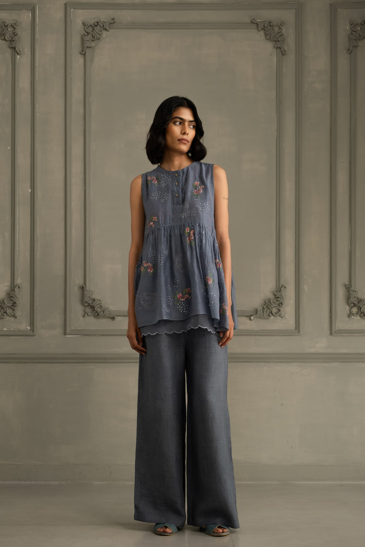 Stone Blue Shirt in Mul Chanderi With Embroidery and Flared Pants in Linen