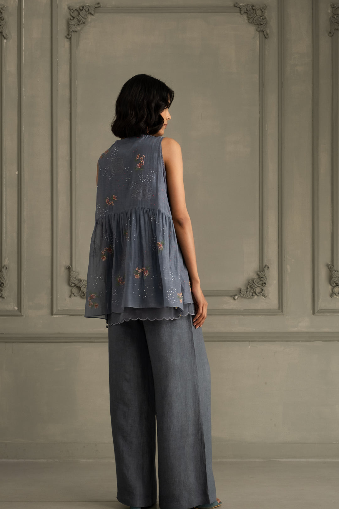 Stone Blue Shirt in Mul Chanderi With Embroidery and Flared Pants in Linen