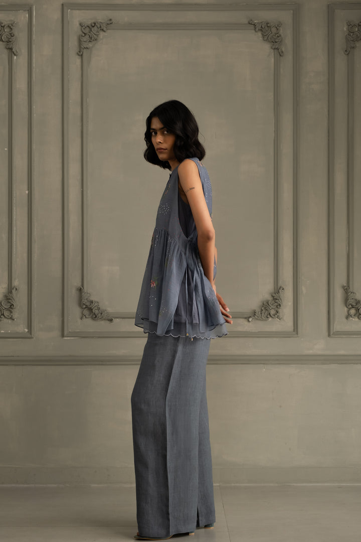 Stone Blue Shirt in Mul Chanderi With Embroidery and Flared Pants in Linen