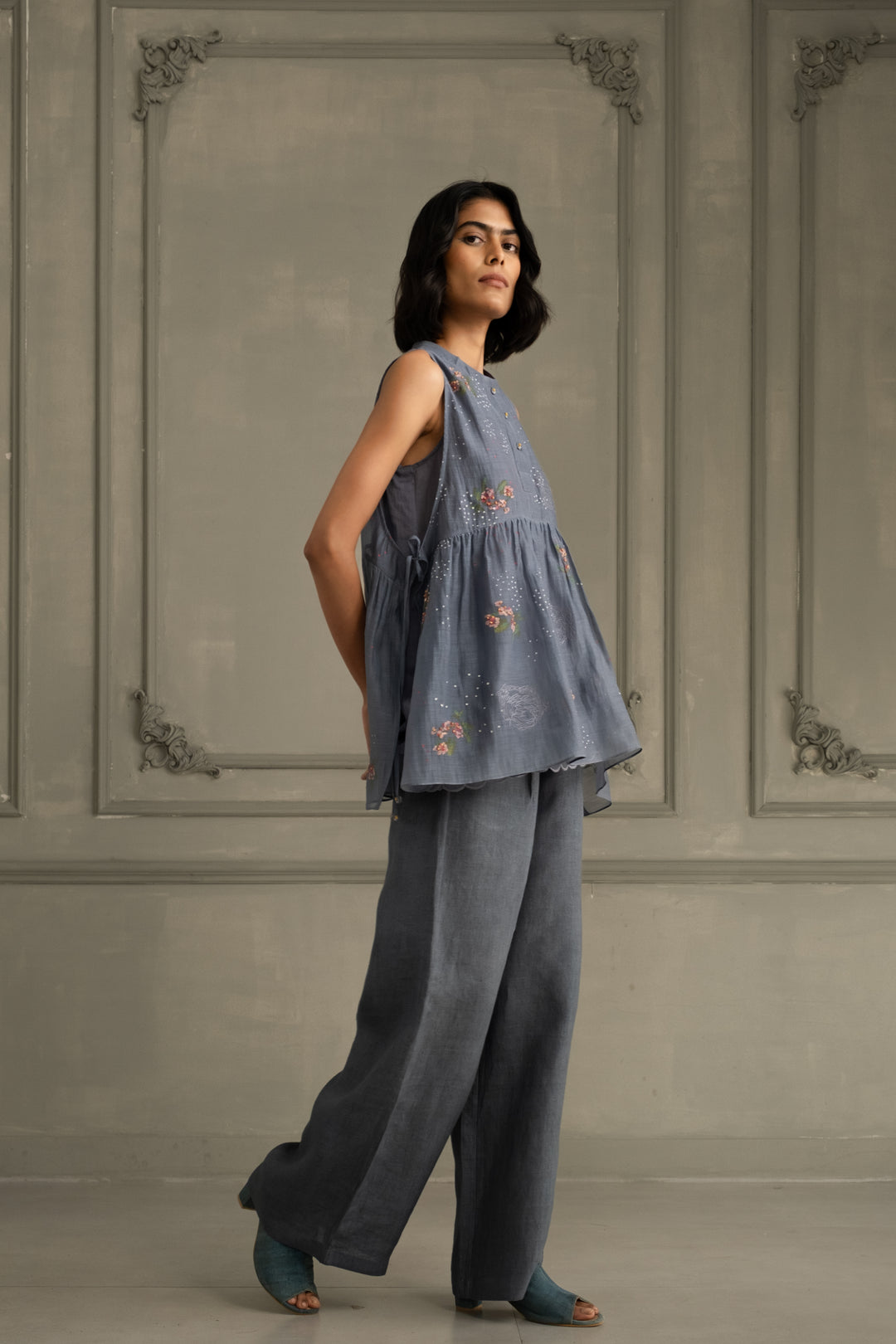 Stone Blue Shirt in Mul Chanderi With Embroidery and Flared Pants in Linen