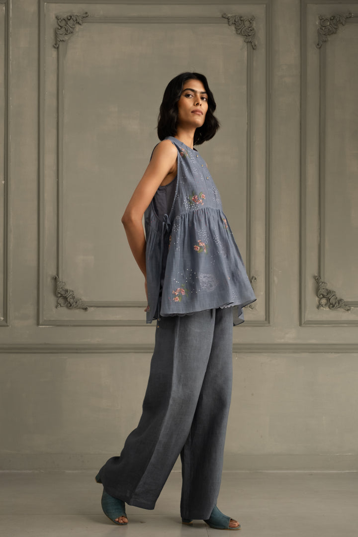 Stone Blue Shirt in Mul Chanderi With Embroidery and Flared Pants in Linen
