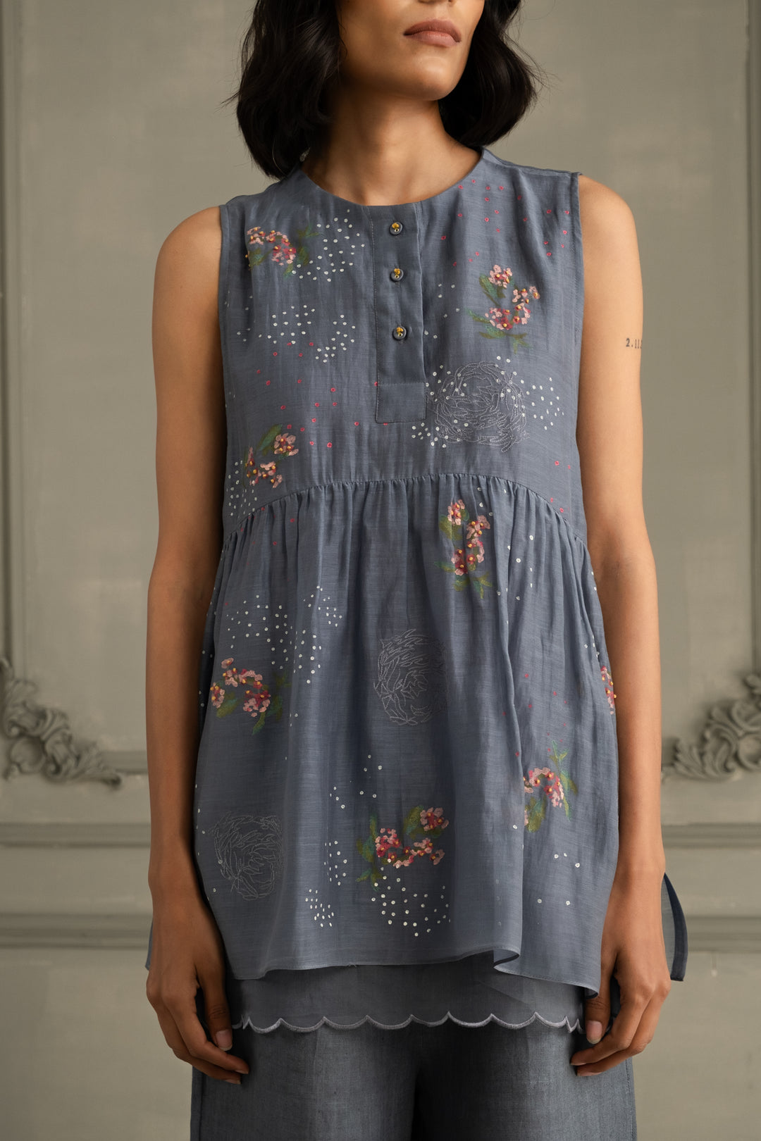 Stone Blue Shirt in Mul Chanderi With Embroidery and Flared Pants in Linen