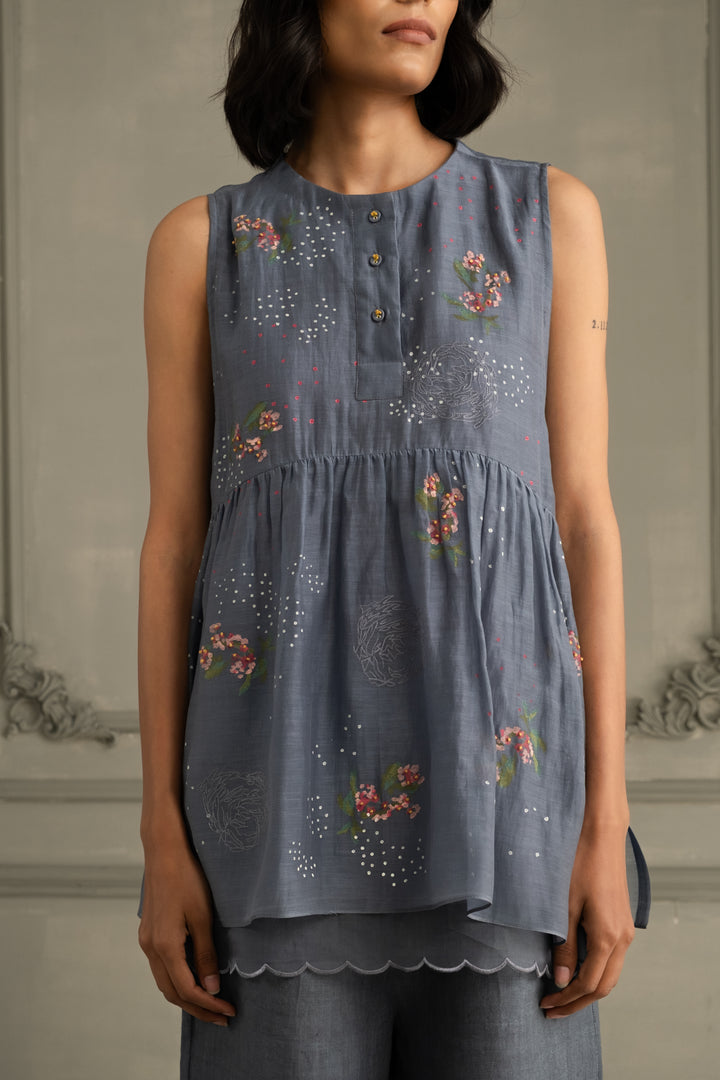 Stone Blue Shirt in Mul Chanderi With Embroidery and Flared Pants in Linen