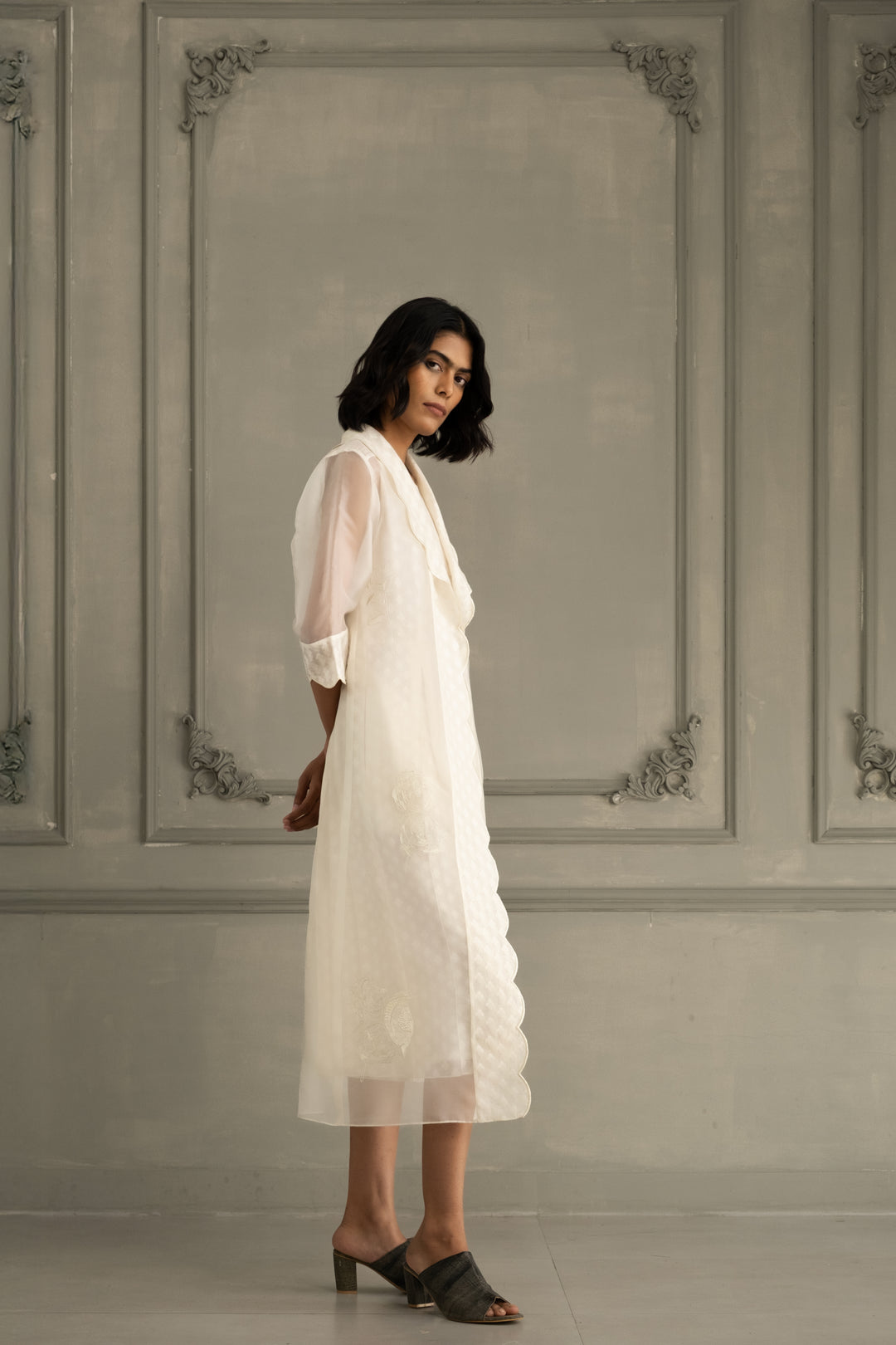 Ivory Scalloped Organza Jacket With Embroidery and Jumpsuit in Brocade