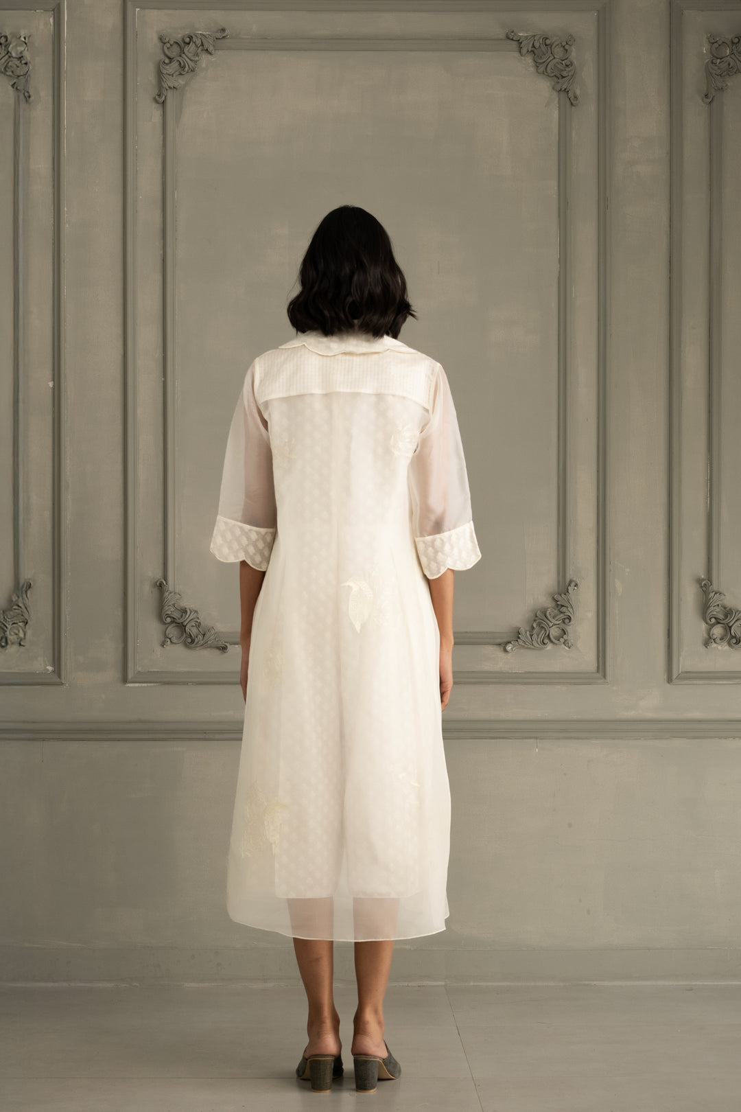 Ivory Scalloped Organza Jacket With Embroidery and Jumpsuit in Brocade