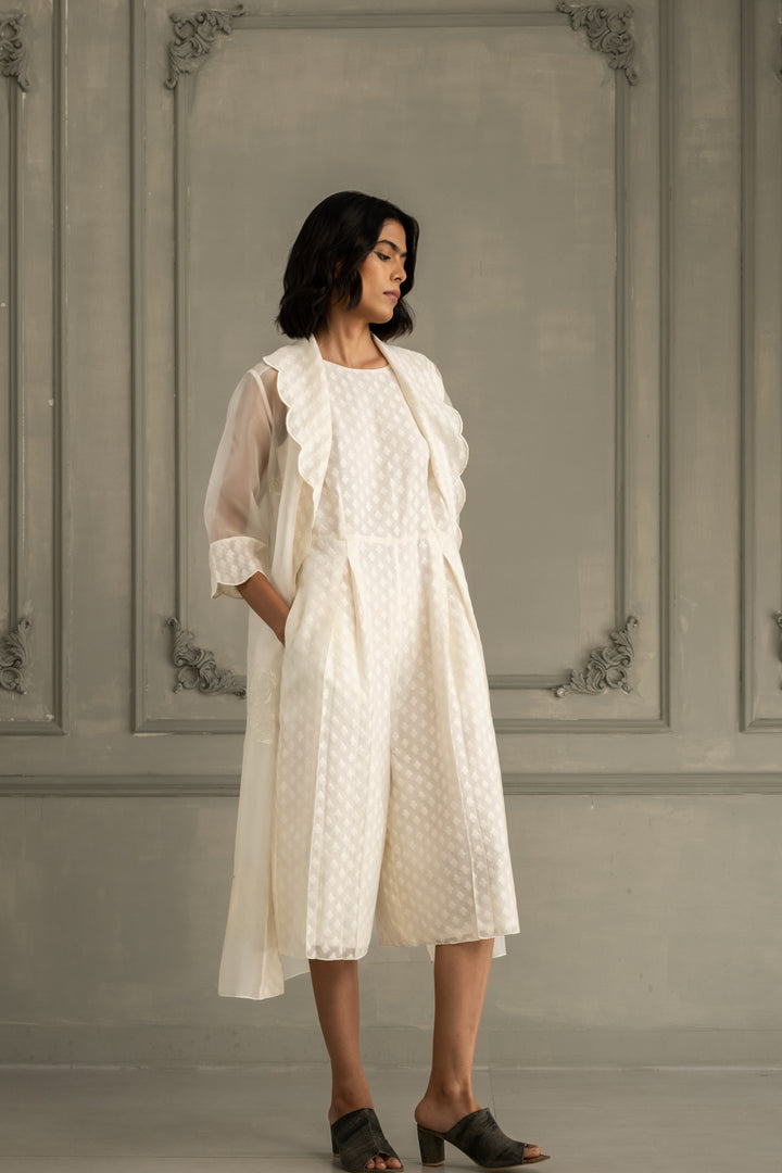 Ivory Scalloped Organza Jacket With Embroidery and Jumpsuit in Brocade