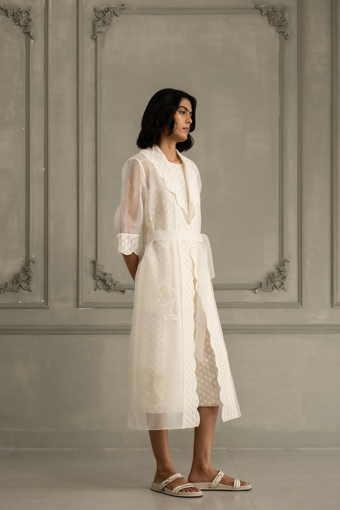 Ivory Scalloped Organza Jacket With Embroidery and Jumpsuit in Brocade