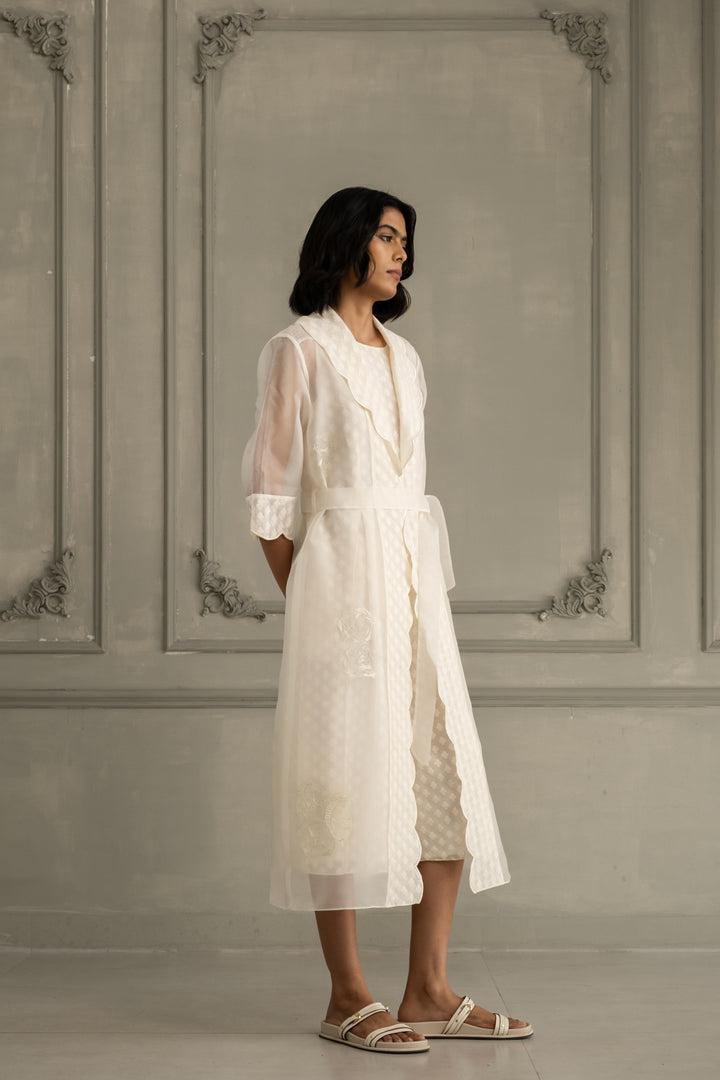 Ivory Scalloped Organza Jacket With Embroidery and Jumpsuit in Brocade