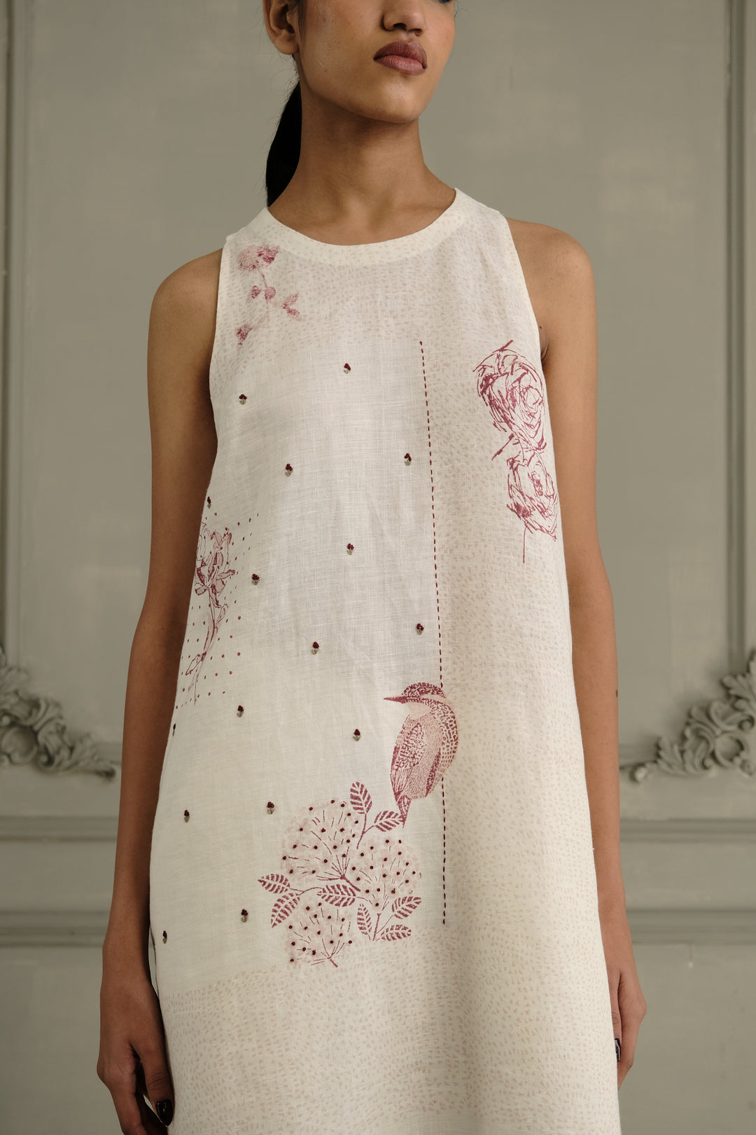 Ivory Block Print Linen Tunic With Embroidery and Linen Flared Pant