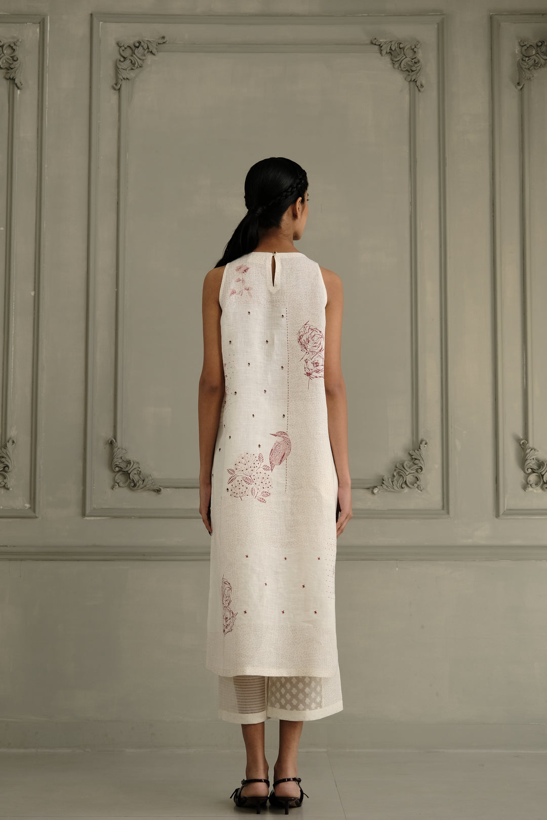 Ivory Block Print Linen Tunic With Embroidery and Linen Flared Pant