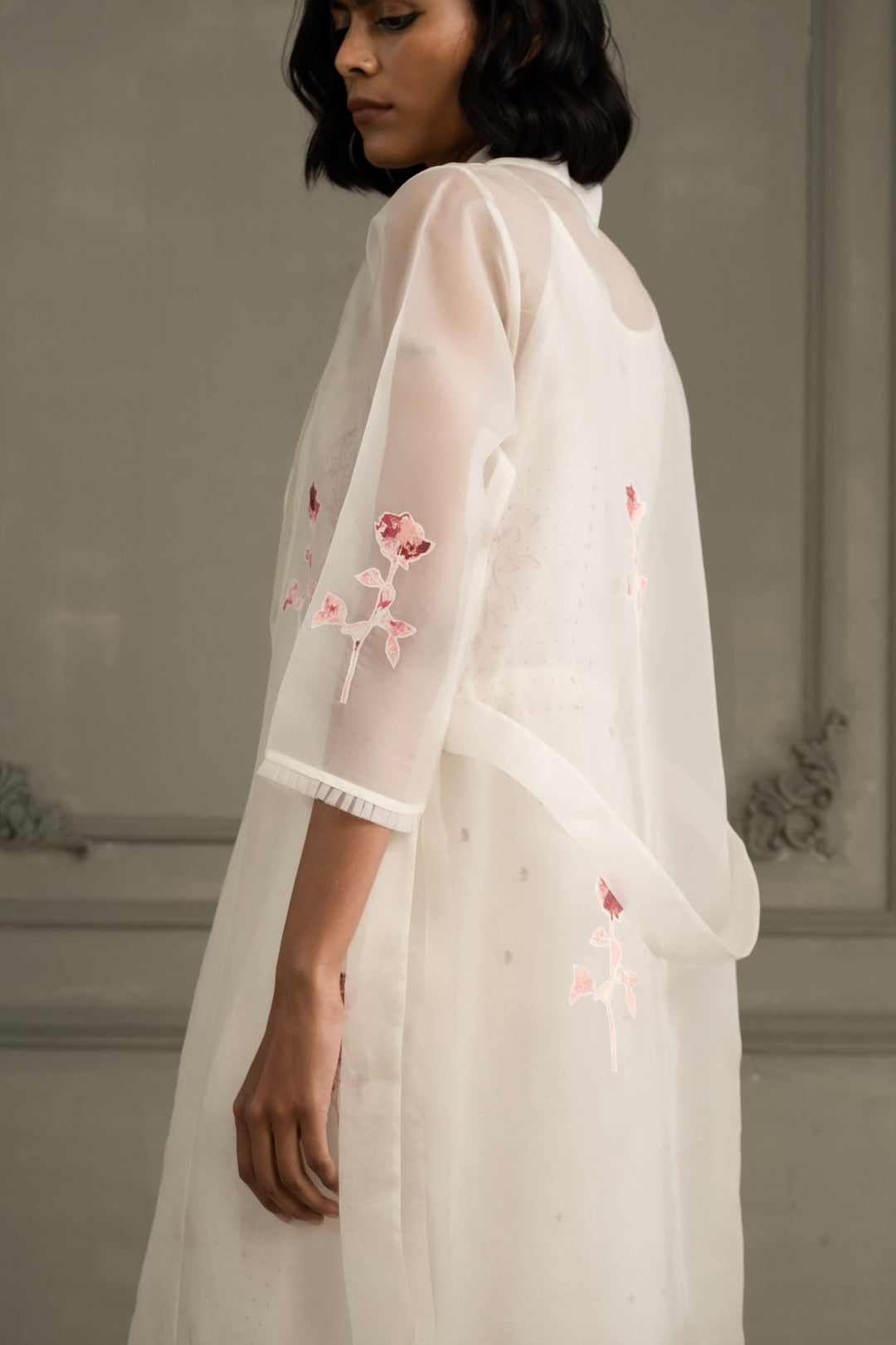 Ivory Rose Applique Work Organza Jacket With  Block Print Linen Strap Dress