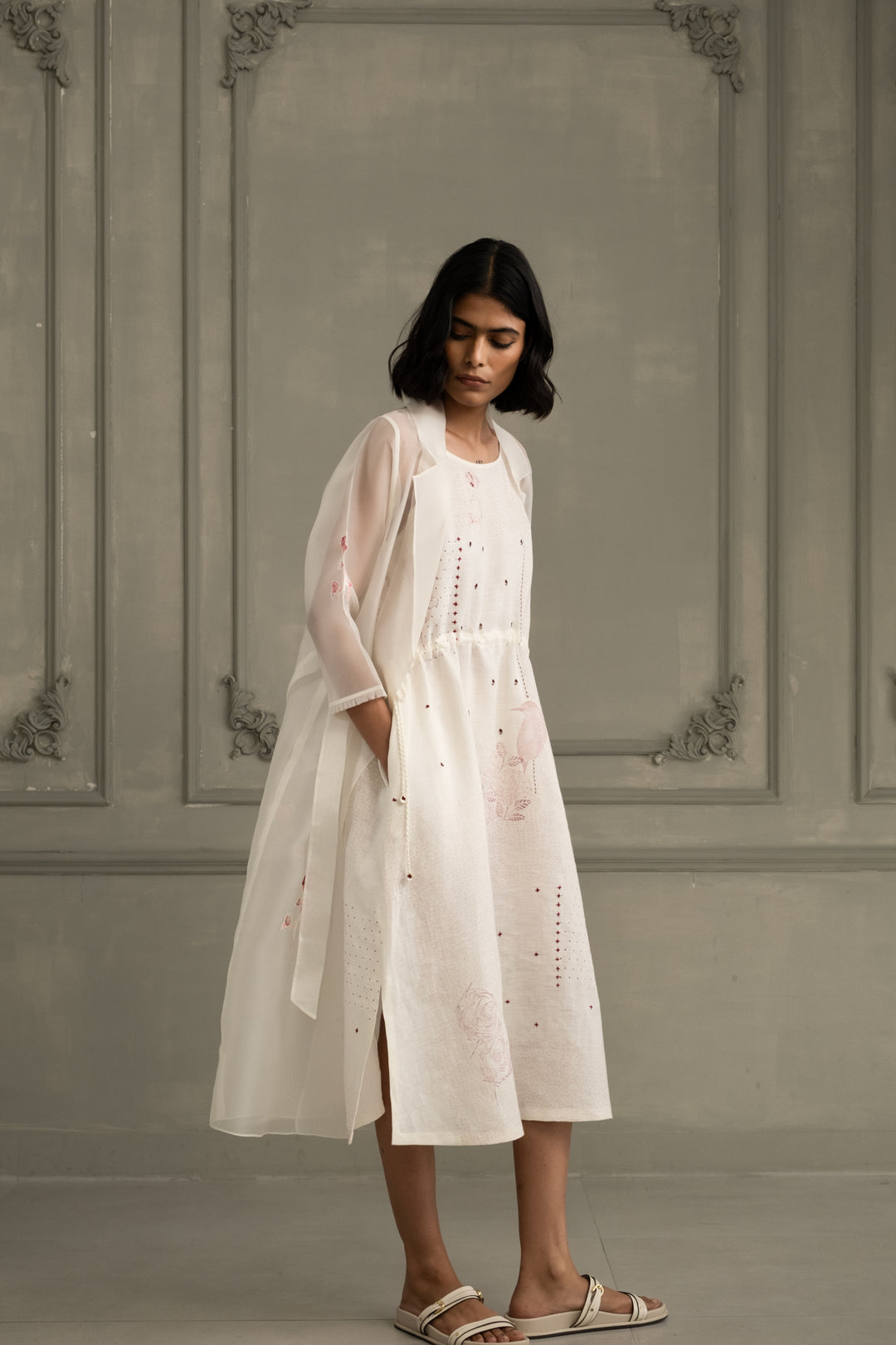 Ivory Rose Applique Work Organza Jacket With  Block Print Linen Strap Dress