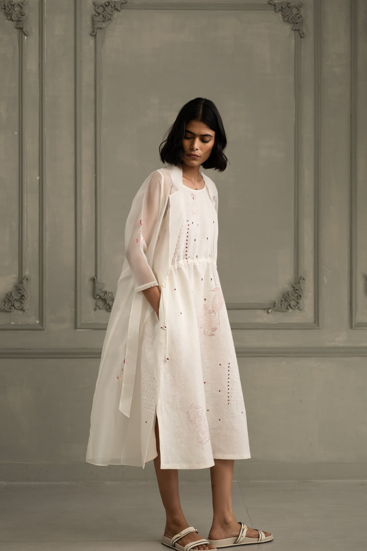 Ivory Rose Applique Work Organza Jacket With  Block Print Linen Strap Dress