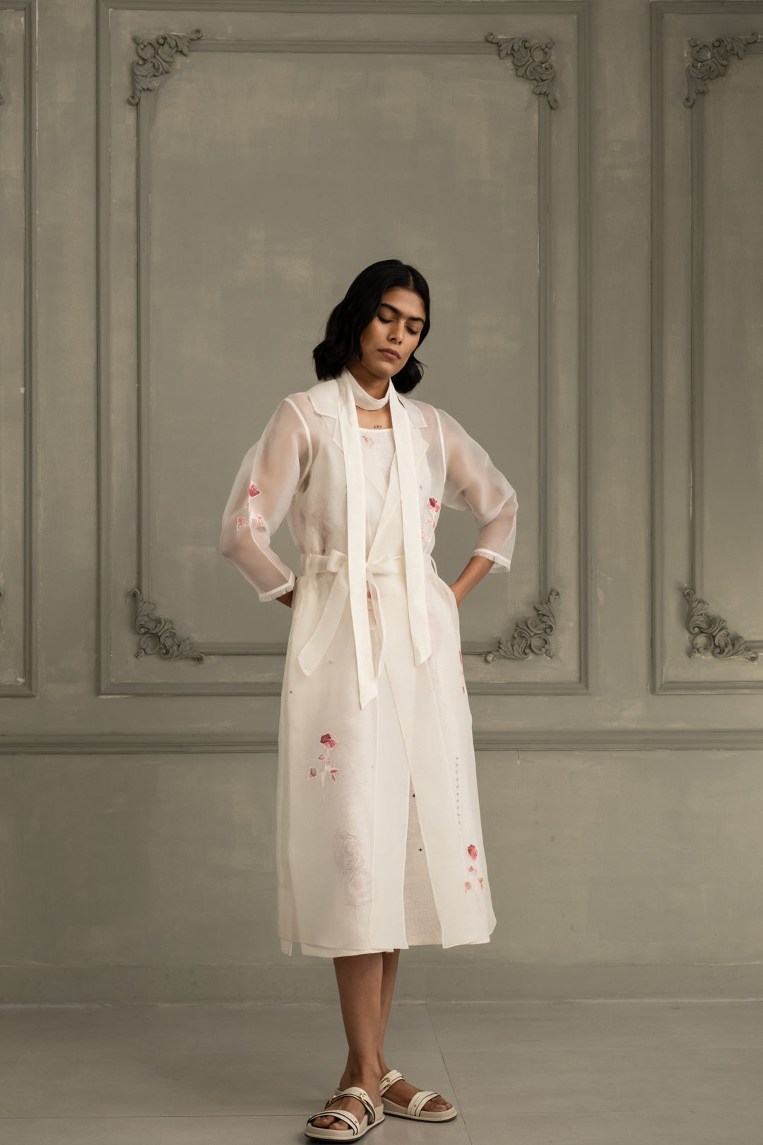 Ivory Rose Applique Work Organza Jacket With  Block Print Linen Strap Dress