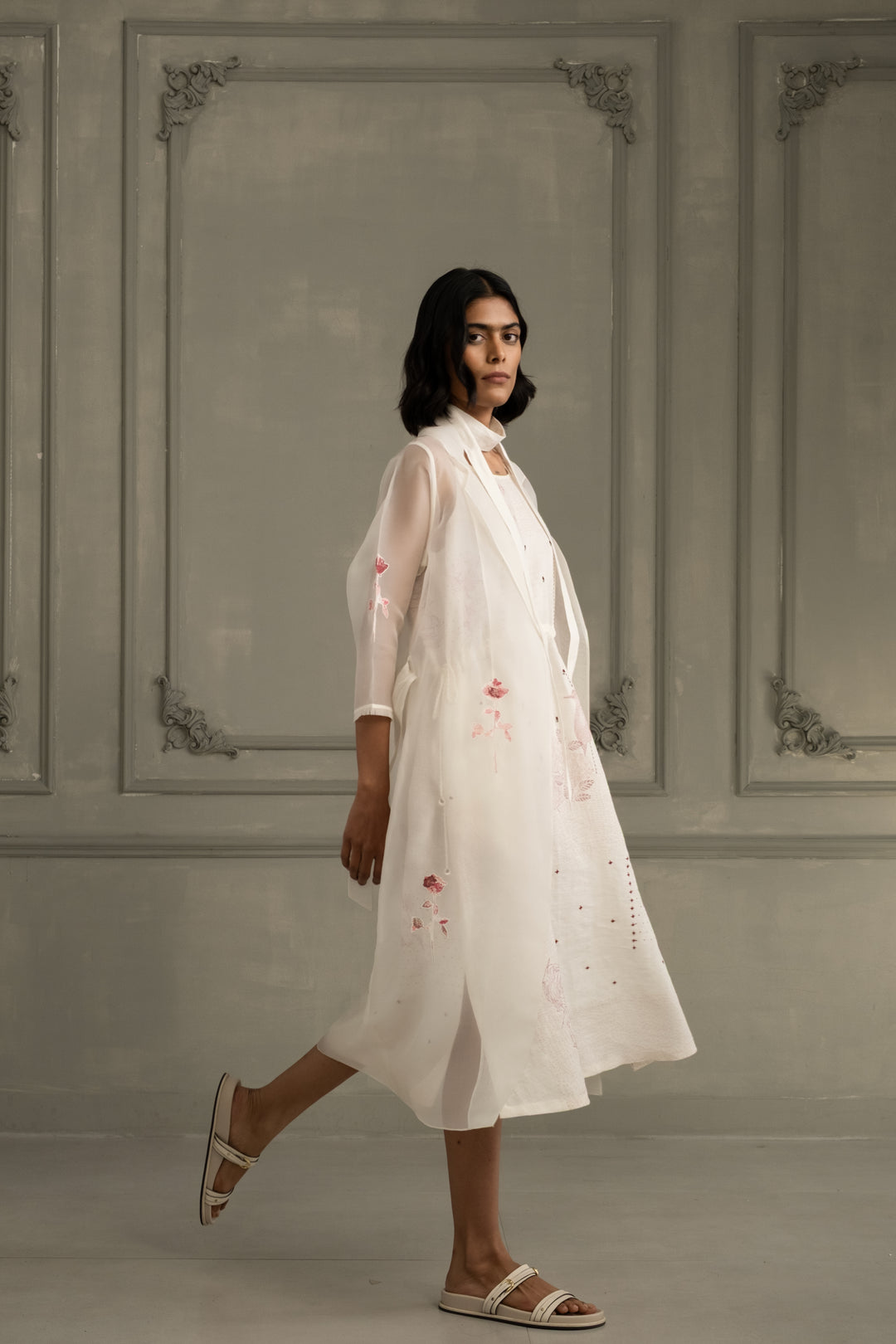 Ivory Rose Applique Work Organza Jacket With  Block Print Linen Strap Dress