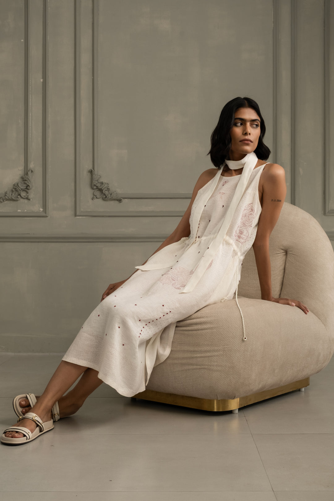 Ivory Rose Applique Work Organza Jacket With  Block Print Linen Strap Dress