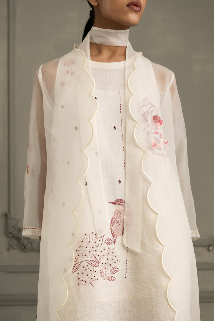 Ivory Rose Applique Work Scalloped Organza Jacket With Printed Tunic and Flared Pant in Linen