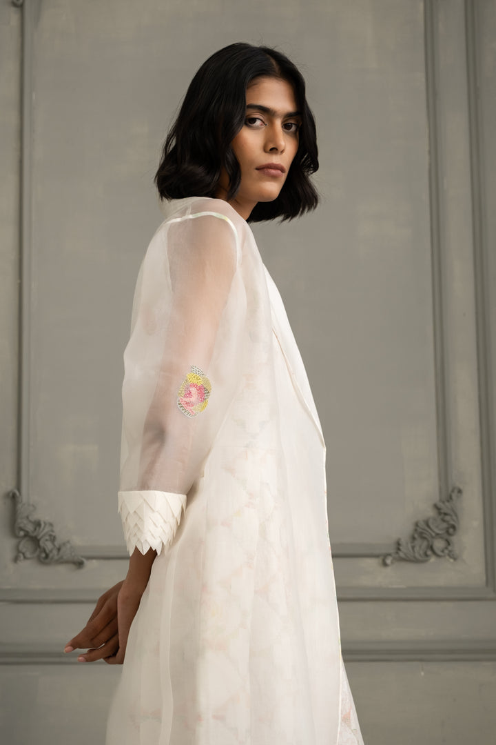 Ivory Applique Work/ Embroidered  and Porcupine Sleeves Organza Jacket With Multiprint Dress in Linen