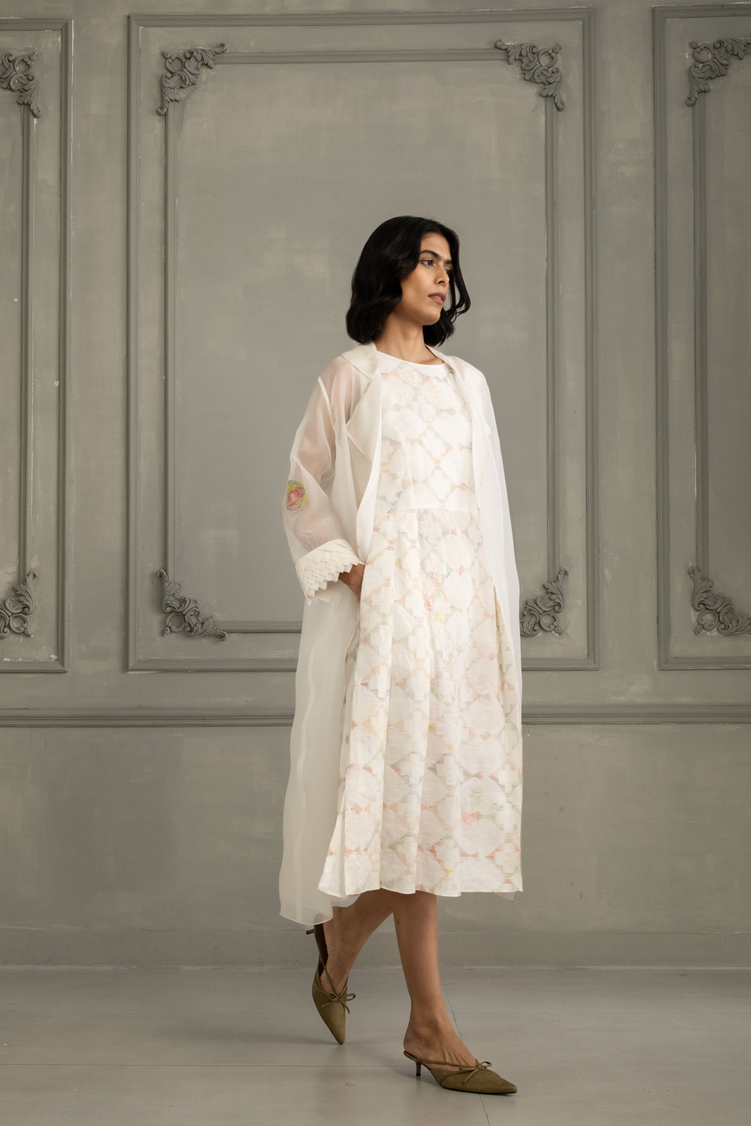 Ivory Applique Work/ Embroidered  and Porcupine Sleeves Organza Jacket With Multiprint Dress in Linen