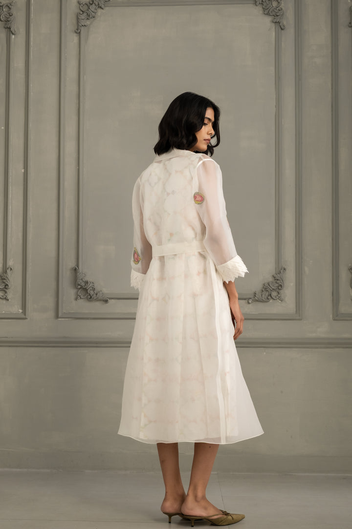 Ivory Applique Work/ Embroidered  and Porcupine Sleeves Organza Jacket With Multiprint Dress in Linen