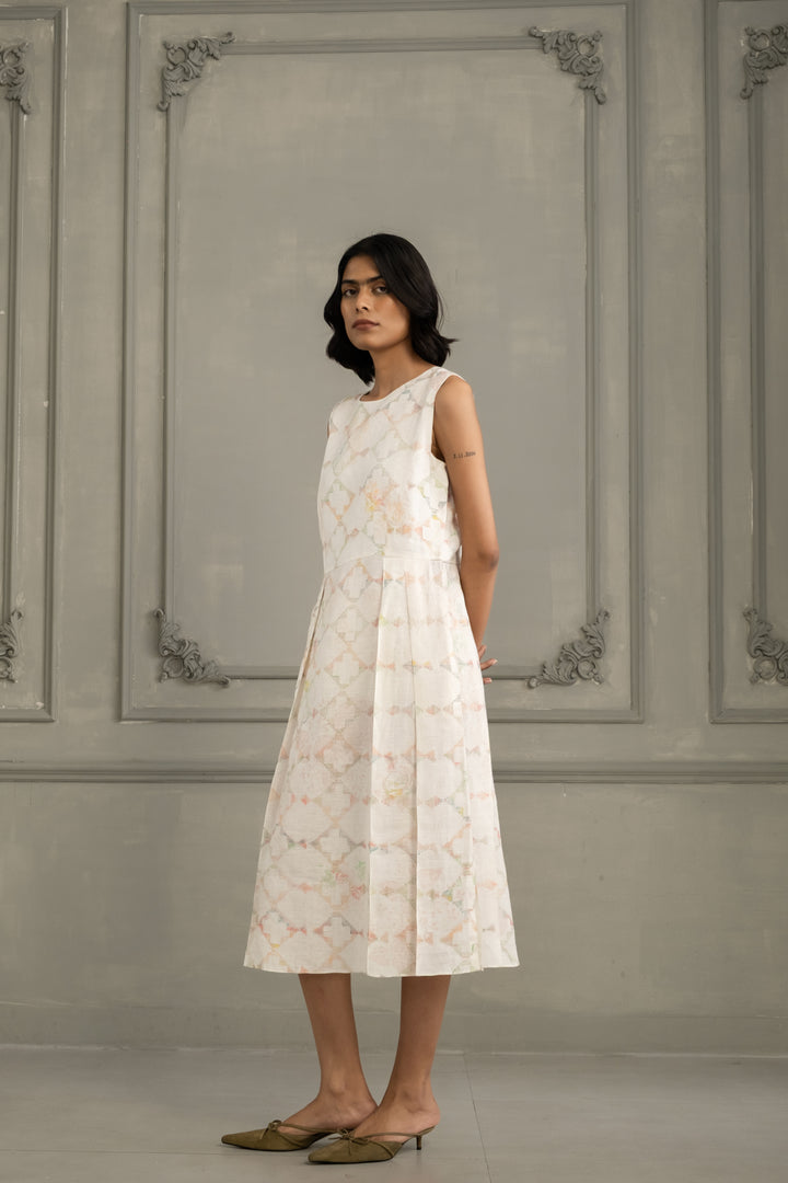 Ivory Applique Work/ Embroidered  and Porcupine Sleeves Organza Jacket With Multiprint Dress in Linen