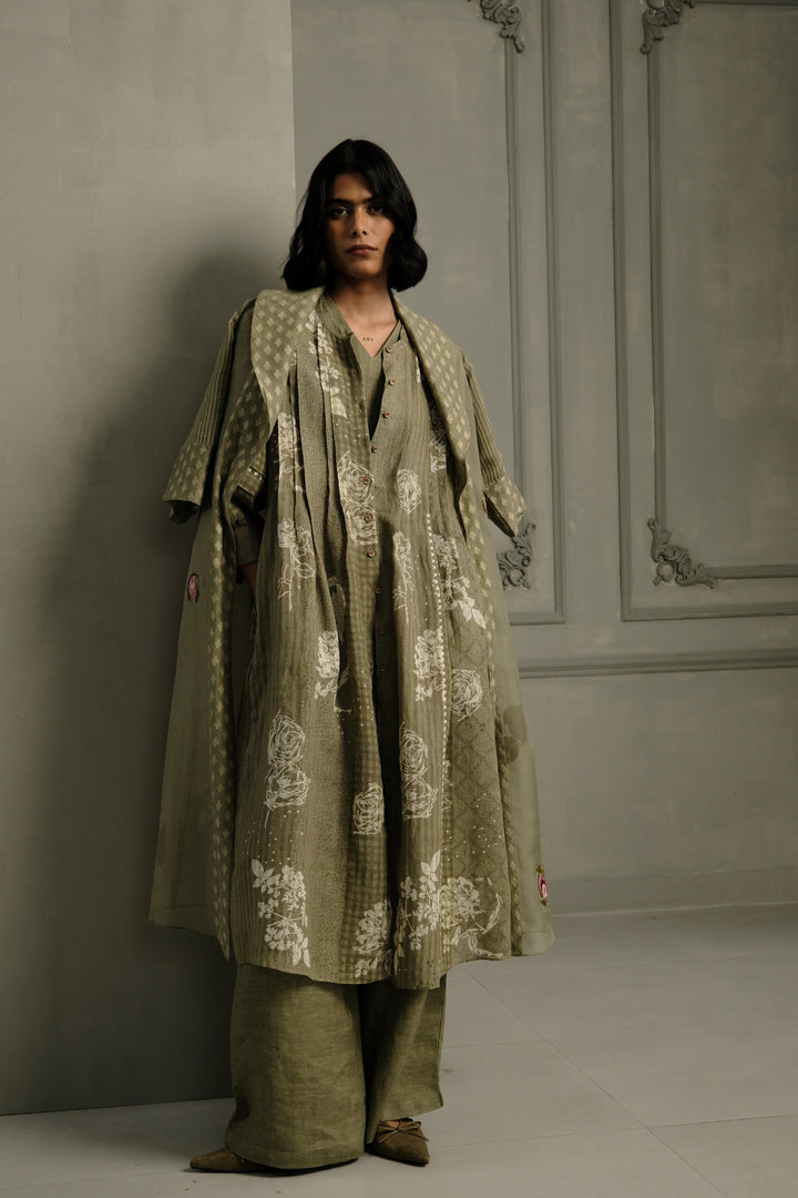 Sage Green Applique Work Embroidered Organza Jacket With  Discharge Print Dress in Gauze Linen and  Linen Straight Pants