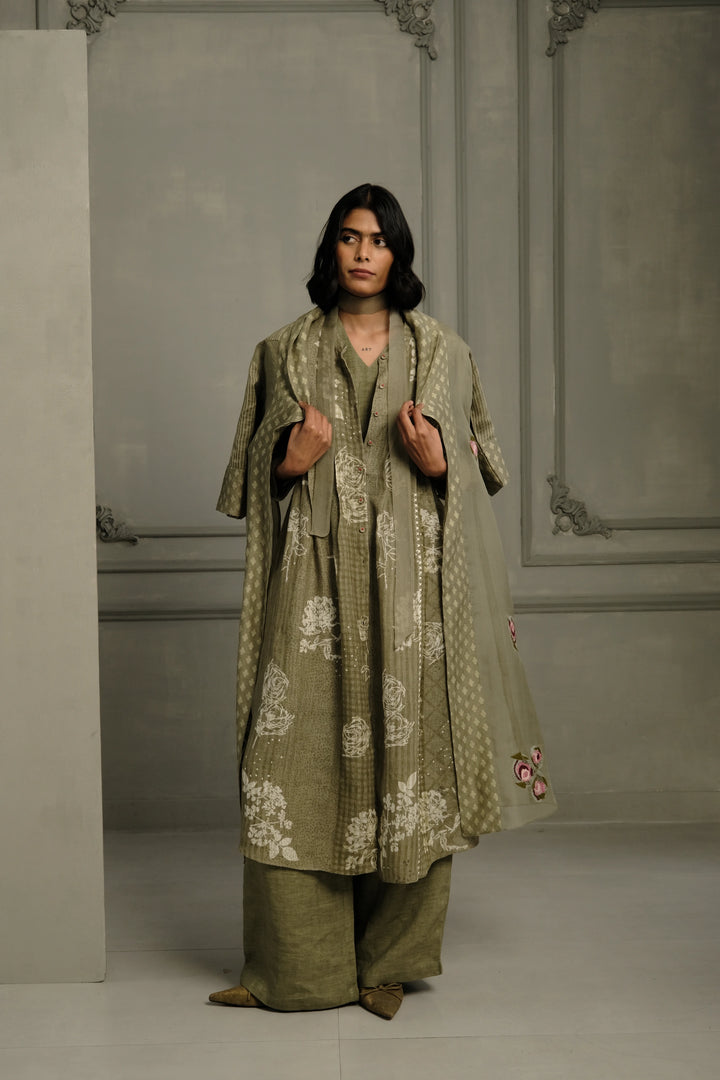 Sage Green Applique Work Embroidered Organza Jacket With  Discharge Print Dress in Gauze Linen and  Linen Straight Pants