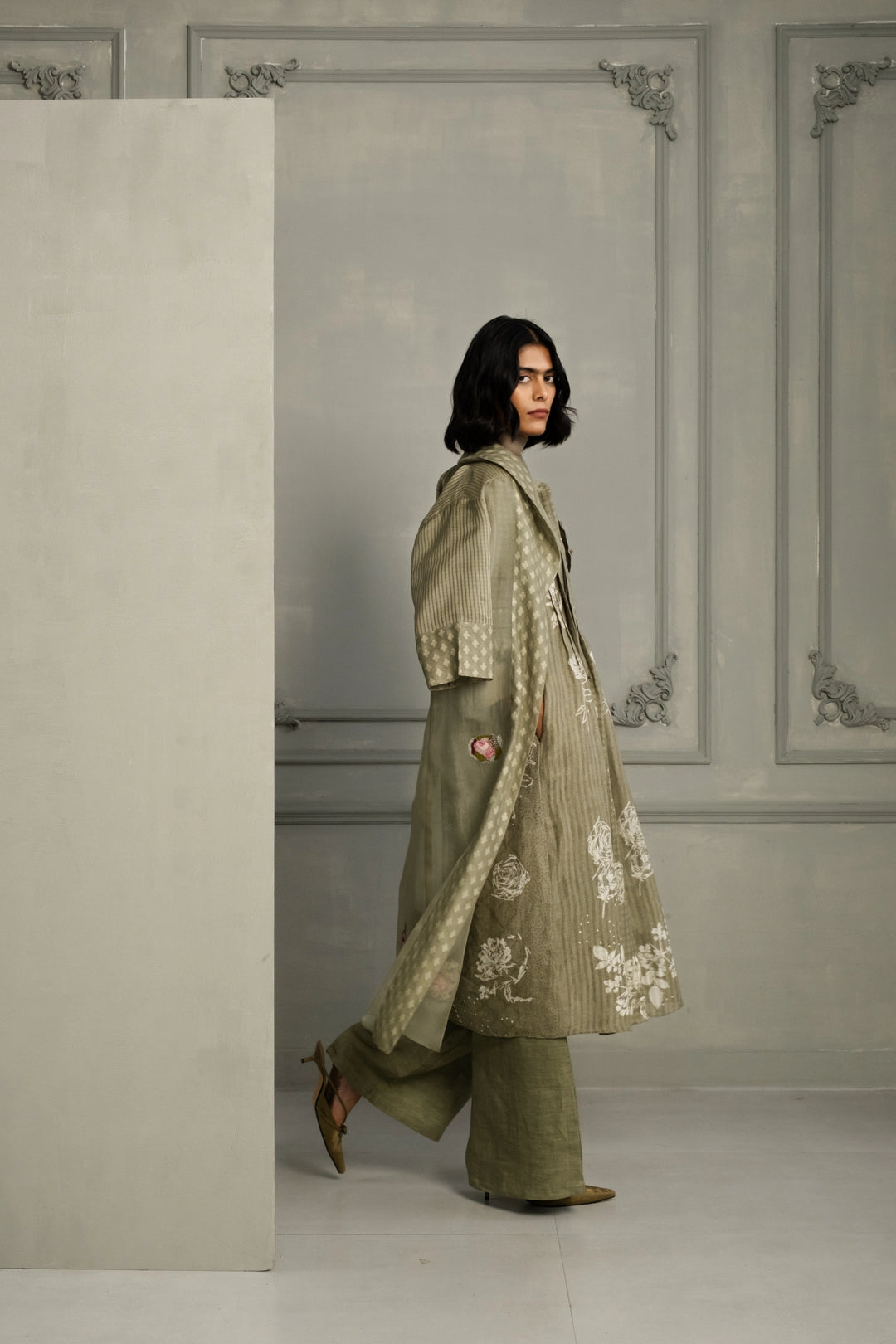 Sage Green Applique Work Embroidered Organza Jacket With  Discharge Print Dress in Gauze Linen and  Linen Straight Pants
