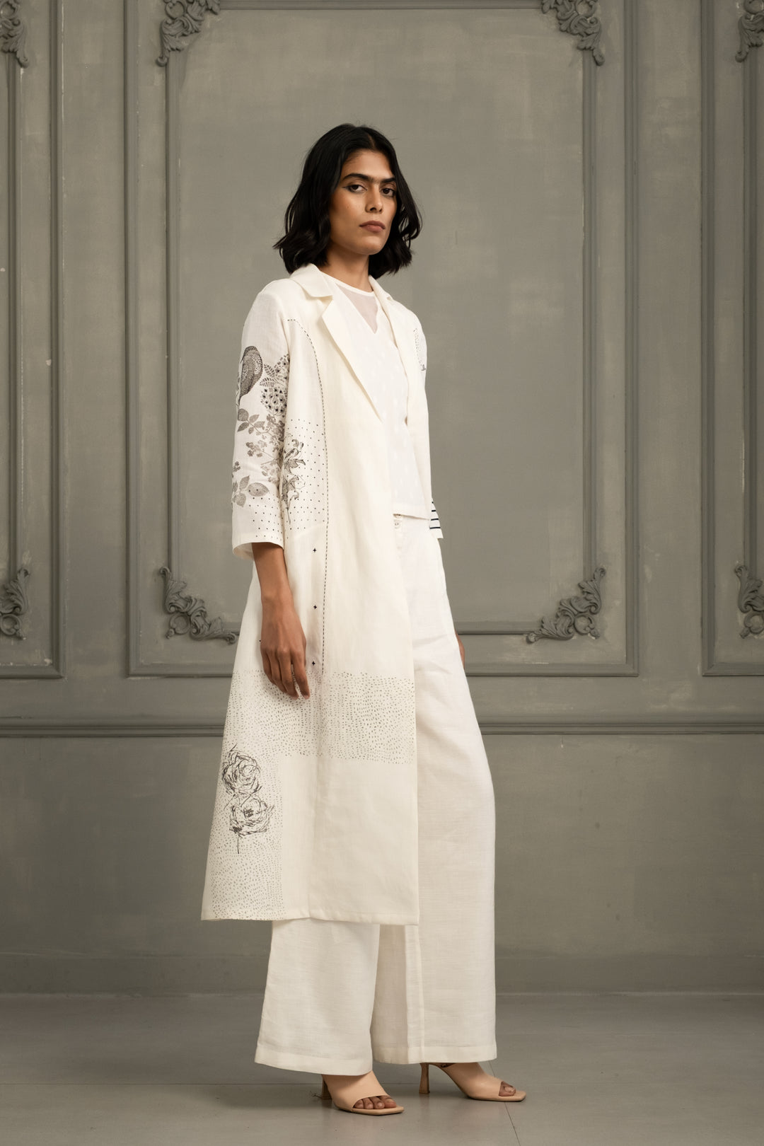 Ivory Embroidery and Block Print Jacket With Top and Flared Pant in Linen