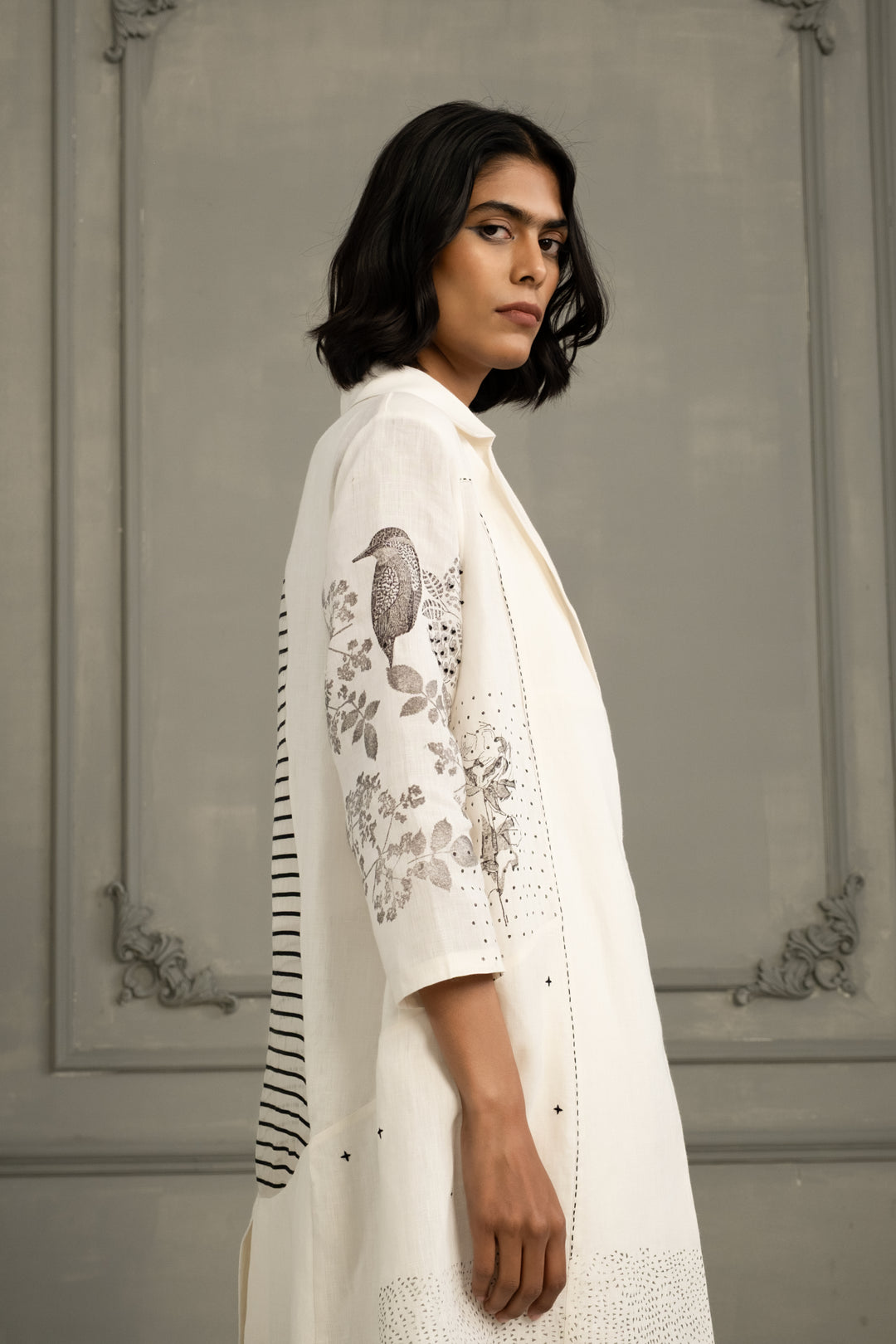Ivory Embroidery and Block Print Jacket With Top and Flared Pant in Linen