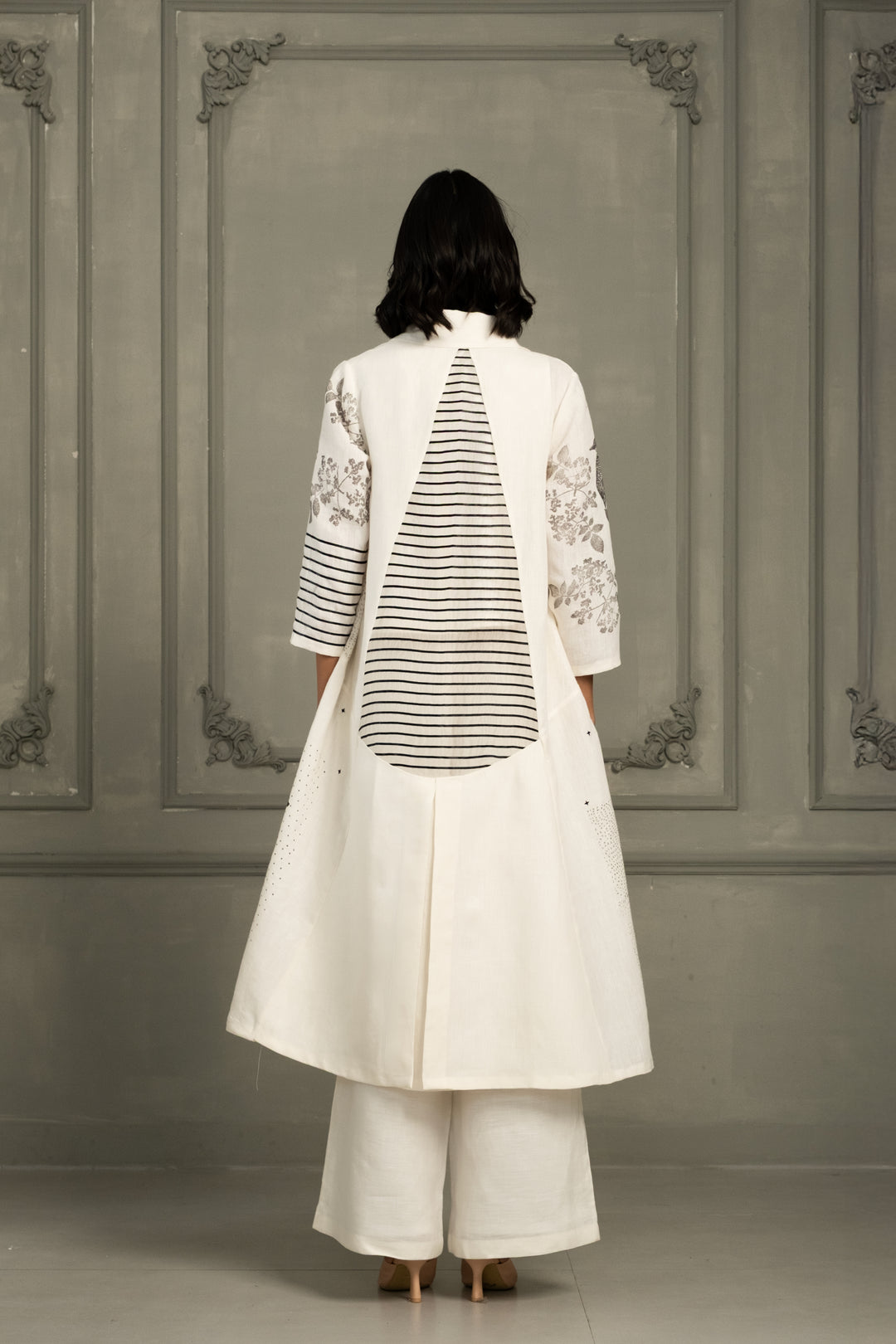 Ivory Embroidery and Block Print Jacket With Top and Flared Pant in Linen