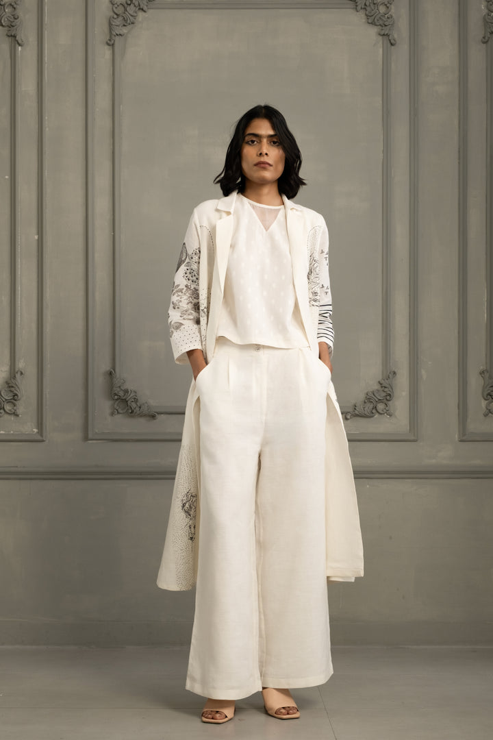 Ivory Embroidery and Block Print Jacket With Top and Flared Pant in Linen