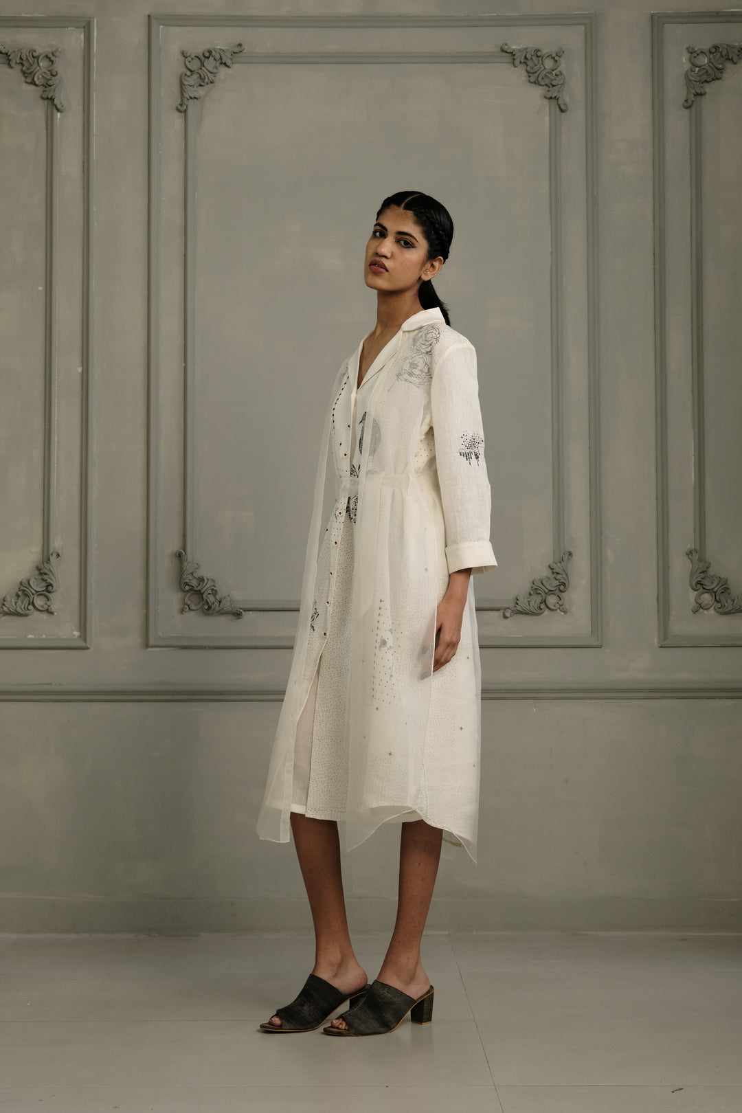 Ivory Double Layer Block Print Dress in Linen and Organza With Embroided Sleeves
