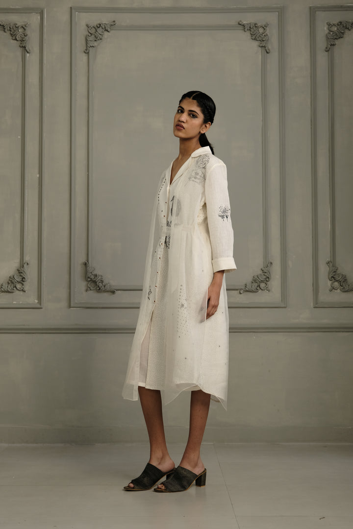Ivory Double Layer Block Print Dress in Linen and Organza With Embroided Sleeves