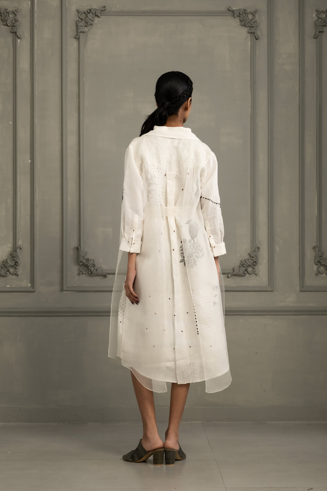 Ivory Double Layer Block Print Dress in Linen and Organza With Embroided Sleeves