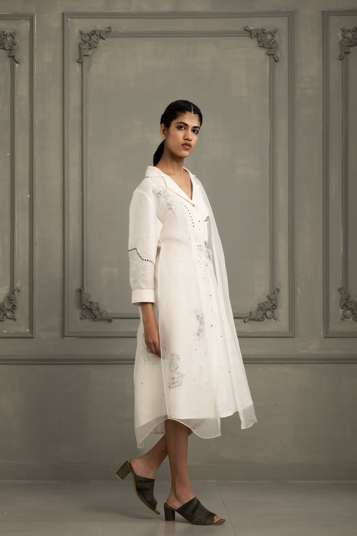 Ivory Double Layer Block Print Dress in Linen and Organza With Embroided Sleeves