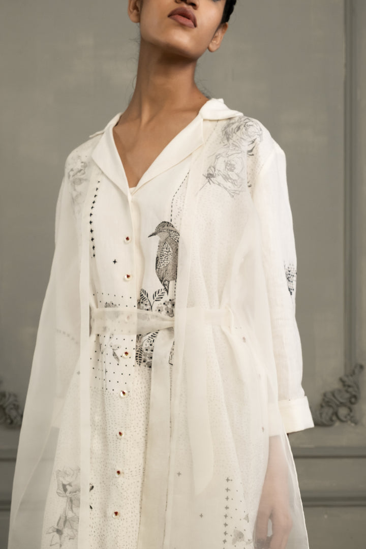 Ivory Double Layer Block Print Dress in Linen and Organza With Embroided Sleeves