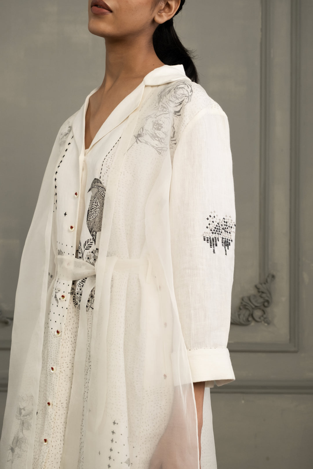 Ivory Double Layer Block Print Dress in Linen and Organza With Embroided Sleeves