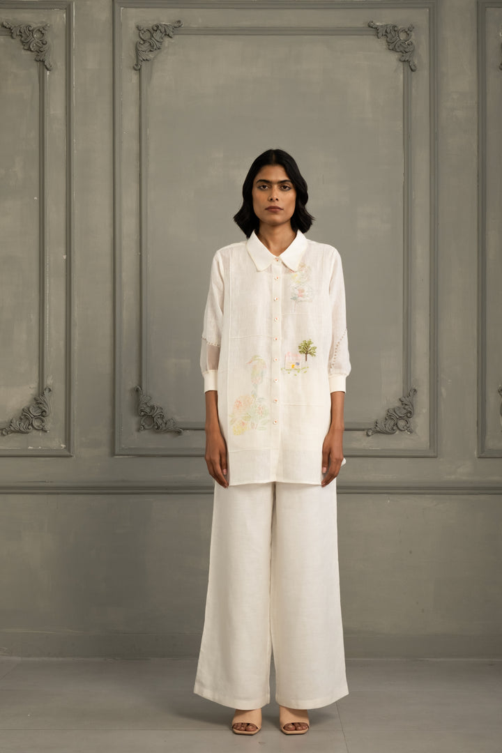 Ivory Shirt in Gauze Linen With Embroidery and Flared Pants in Linen