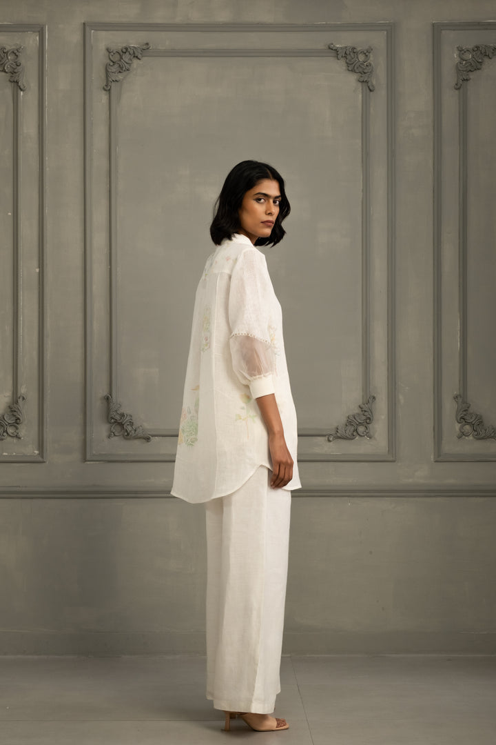 Ivory Shirt in Gauze Linen With Embroidery and Flared Pants in Linen