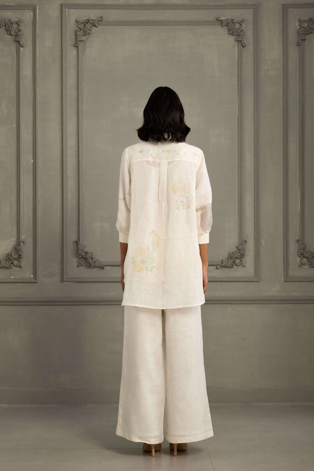 Ivory Shirt in Gauze Linen With Embroidery and Flared Pants in Linen