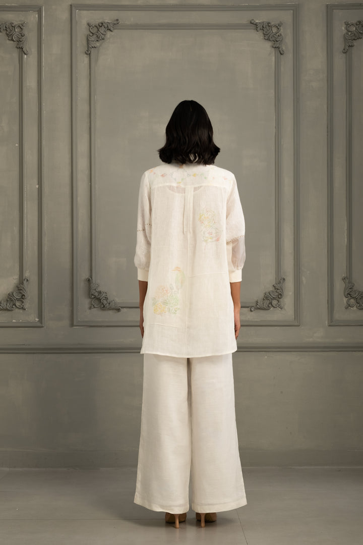 Ivory Shirt in Gauze Linen With Embroidery and Flared Pants in Linen