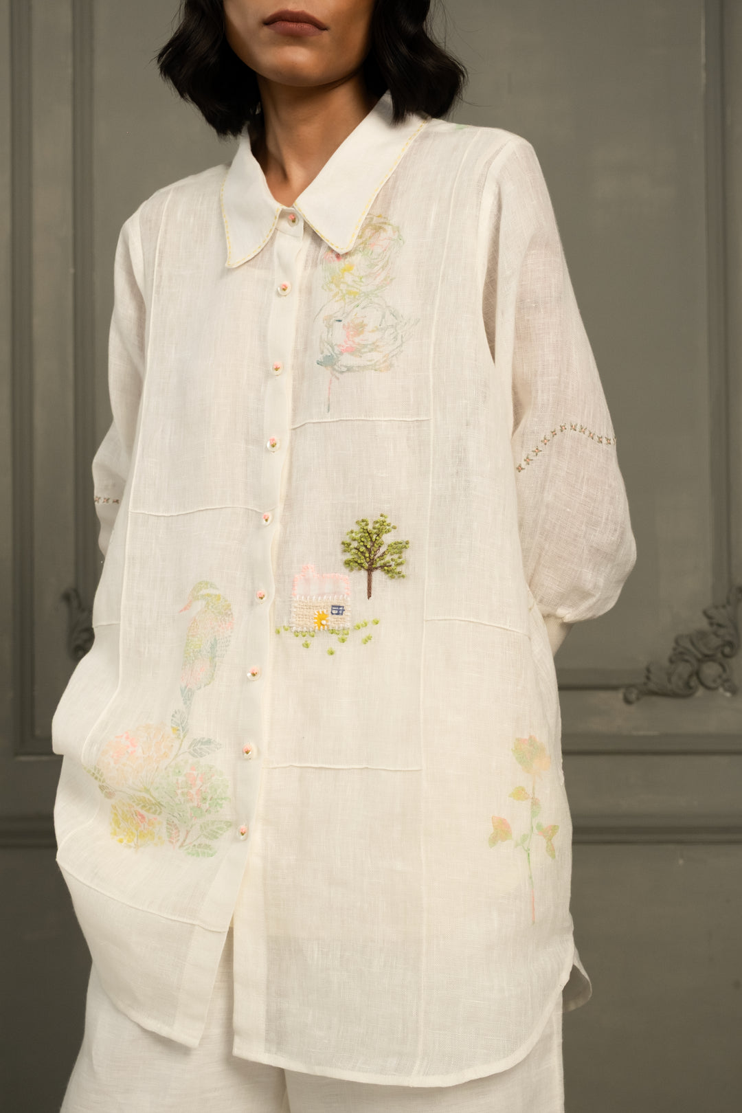 Ivory Shirt in Gauze Linen With Embroidery and Flared Pants in Linen