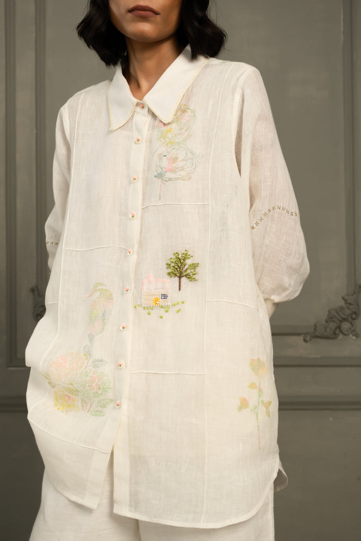 Ivory Shirt in Gauze Linen With Embroidery and Flared Pants in Linen