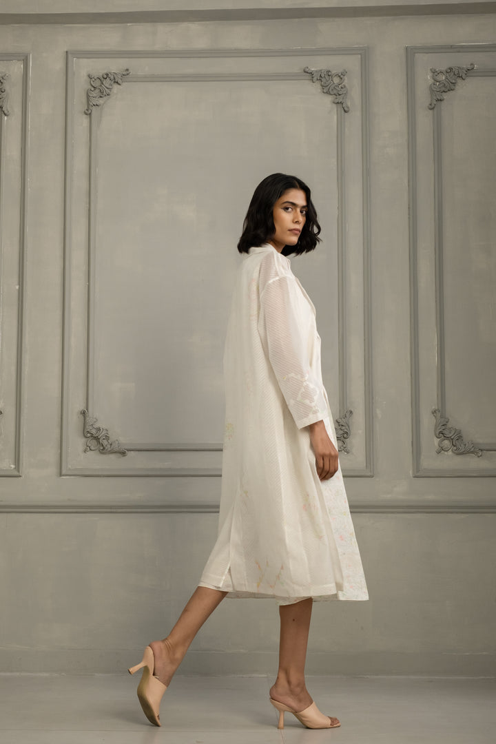 Ivory Quilting Mul Chanderi Jacket With Embroidery and Multiprint Jumpsuit in Linen