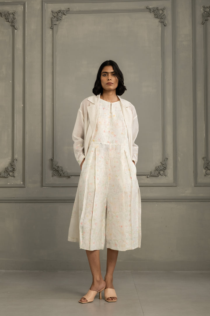 Ivory Quilting Mul Chanderi Jacket With Embroidery and Multiprint Jumpsuit in Linen